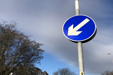 Blue and white arrow street sign 