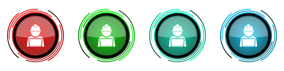 Aufkleber - Engineer with laptop round glossy vector icons, worker, manager set of buttons for webdesign, internet and mobile phone applications in four colors options isolated on white background