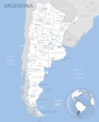 Wall Mural - Blue-gray detailed map of Argentina administrative divisions and location on the globe. Vector illustration