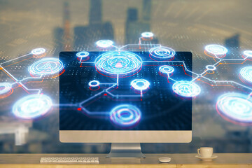 computer on desktop with social network theme icon. multi exposure. concept of international connect