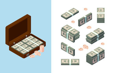 Poster - Stack money. American dollars golden coins buyers items banking symbols vector isometric collection. Illustration bank cash, money stack in case, american currency