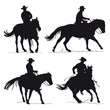 Set of cowboy and horse silhouettes - Western riding discipline Reining 