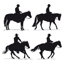 Set Of Cowboy And Horse Silhouettes - Western Riding Discipline Reining Vector Collection