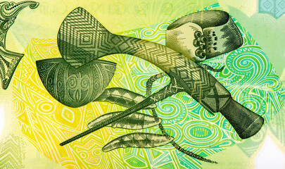 Poster - Mount Hagen axe, Kula arm band from the Milne Bay Province, engraved dog's teeth from the Bougainville area, Portrait from Papua New Guinea 2 Kina 2007 Polymer Banknotes. Collection.