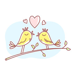 Vector spring illustration of two beautiful wedding love birds sitting on a branch with blue cloud and hearts.