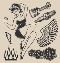 Illustration Of Pin-up Girl With Elements For Design On The White Background