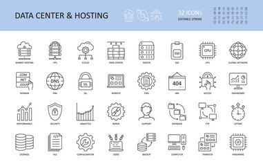 Vector data center and hosting icons. Editable Stroke. Server shared hosting domain VPS SSD SSL DNS CPU. FTP database global network cloud dashboard. 404 uptime performance security analytics repair.