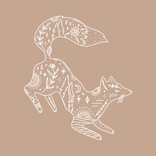Jumping Fox. Ornate Animal. Harmony And Zen. Crescent Moon Magic Symbols. Forest Tattoo. Vector Illustration.