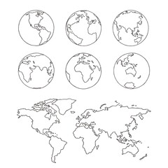  Sketch globe and world map. Doodle hand drawn vector illustration. Earth planet with continents,islands and oceans.