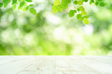 fresh green leaves nature with bokeh on empty wooden table background for product display template a