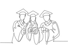 One Line Drawing Of Young Happy Graduate College Students Wearing Graduation Dress And Giving Thumbs Gesture. Education Graduating Concept. Continuous Line Draw Design Graphic Vector Illustration