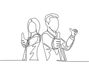 Wall Mural - one line drawing of young happy couple businessman and businesswoman giving thumbs up gesture. great
