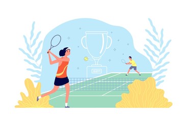 Poster - Tennis academy. Girl plays sport game. Sportsmen fitness workout, male female racquet ball on court. Healthy lifestyle vector. Sport tennis tournament, exercise for healthy and hobby illustration