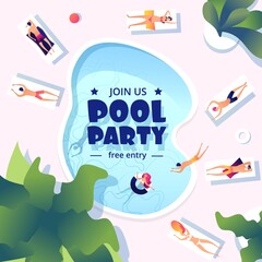 Canvas Print - Pool party. Summer swimming event flyer. Water splashing, resort or vacation festive banner design. Vector fun people swim and take sunbath template. Summer event, holiday swim pool party illustration