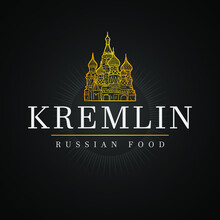 Kremlin Icon Restaurant. Russia Food Cuisine. Logotype Russian Chef. Flat Golden Icon.
