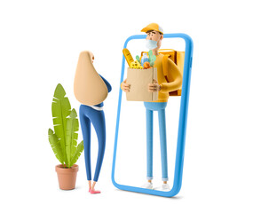 Online delivery concept. 3d illustration. Cartoon character. Delivery guy with grocery bag in medical mask stands with big phone. 