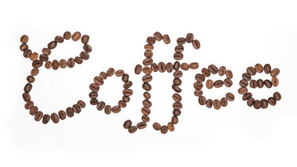 Wall Mural - Letter the word coffee made of coffee beans, isolated on white. Concepts, alphabet, Font