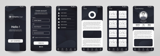 Design of mobile app, UI, UX, GUI. Set of user registration screens with login and password input, account sign in, sign up, home page. Modern Style. Minimal Application. UI Design Template. Interface