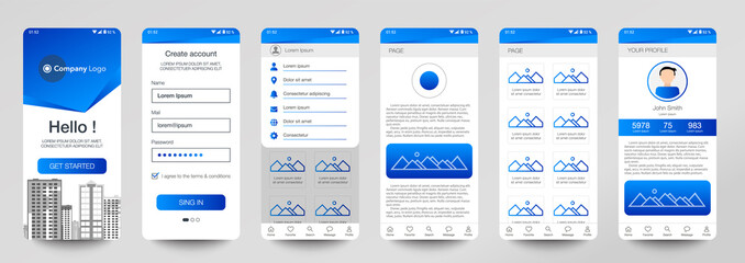 Design of mobile app, UI, UX, GUI. Set of user registration screens with login and password input, account sign in, sign up, home page. Modern Style. Minimal Application. UI Design Template. Interface