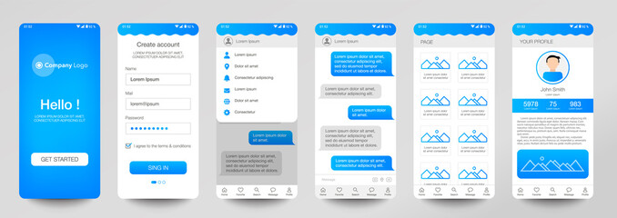 Design of mobile app Chat room, UI, UX, GUI. Set of user registration screens with login and password input, account sign in, sign up, home page. Modern Style. Minimal Application. UI Design Template