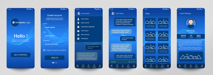 Design of mobile app, UI, UX, GUI. Set of user registration screens with login and password input, account sign in, sign up, chat room, home page. Modern Style. Minimal Application. UI Template. Blue