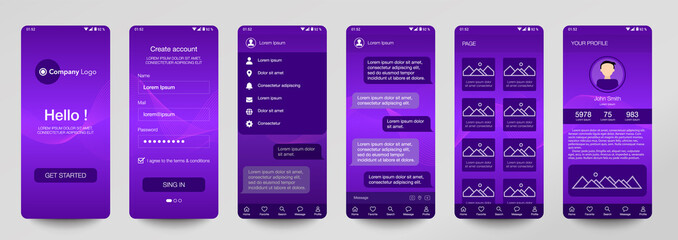 Design of mobile app, UI, UX, GUI. Set of user registration screens with login and password input, account sign in, sign up, chat room, home page. Modern Style. Minimal Application. Template