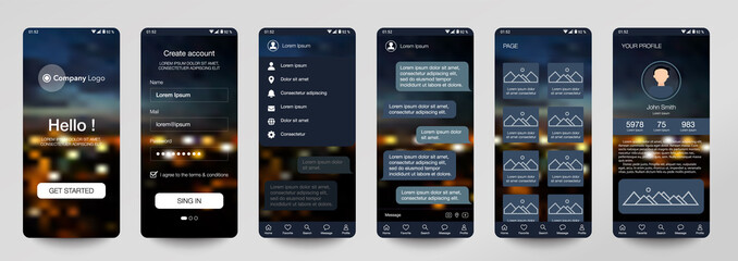 Design of mobile app, UI, UX, GUI. Set of user registration screens with login and password input, account sign in, sign up, chat room, home page. Modern Style. Minimal Application. UI Template. City