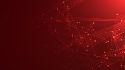 Wall Mural - Abstract red polygon tech network with connect technology background. Abstract dots and lines texture background. 3d rendering.
