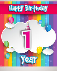 Celebrating 1st Anniversary logo, with confetti and balloons, clouds, colorful ribbon, Colorful Vector design template elements for your invitation card, banner and poster.