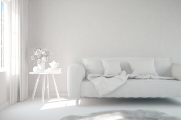 White room with sofa. Scandinavian interior design. 3D illustration