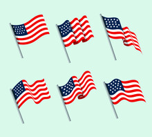 American Flag Set Vector Illustration. Different American Waving Flags.