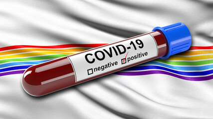 Wall Mural - Flag of the Jewish Autonomous Oblast waving in the wind with a positive Covid-19 blood test tube. 3D illustration concept for blood testing for diagnosis of the new Corona virus.