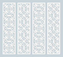 Laser Cut Decorative Lace Borders Patterns. Set Of Bookmarks Templates. Cabinet Fretwork Panel. Lasercut Metal Panel. Wood Carving. Vector.
