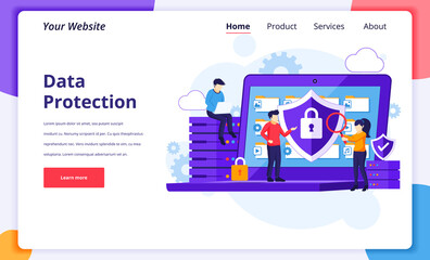 Wall Mural - data protection concept, people protecting data and files on a giant laptop. modern flat landing pag