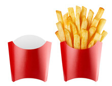 Set Of Empty And Full Red Carton Package Boxes For French Potato Fries, Isolated On White Background
