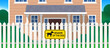 beware of the dog yellow sign on white picket fence vector illustration