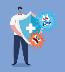 Wall Mural - fight against coronavirus, man wearing medical mask, emoji covid 19 with facial expression and shield protection vector illustration design