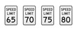 Speed limit traffic signs from 65 to 80 miles per hour. Set of vector graphic elements for production, design, information materials. Classic urban design.