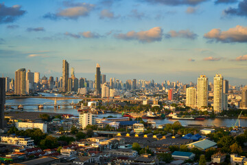 Wall Mural - cityscape of bangkok with double bridge and chao praya river in clear sky