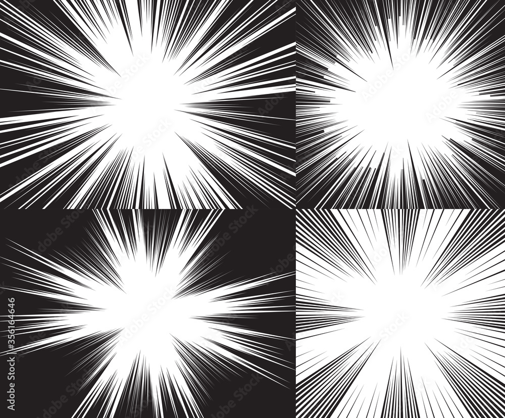 Four templates for comic backgrounds. Radial speed lines. Black and ...