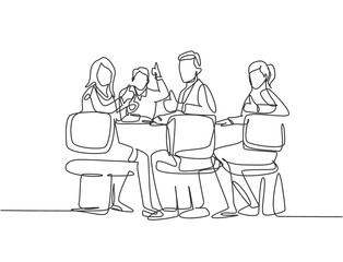Wall Mural - one line drawing of young happy businessmen and businesswoman meeting and giving thumbs up gesture. 