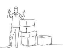 One Line Drawing Of Young Happy Delivery Man Thumbs Up While Lift Up And Deliver Carton Box Packages To Customer. Delivery Service Business Concept. Continuous Line Draw Design Vector Illustration