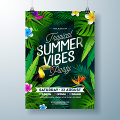 Sticker - Tropical Summer Vibes Party Flyer Design with Flower, Tropical Palm Leaves and Toucan Bird on Dark Background. Vector Summer Beach Celebration Illustration Template with Typograpy Letter for Banner