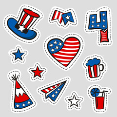 Wall Mural - Set of stickers for USA Independence Day. Symbols of the United States of America in national colors. A set of items for July 4th. Vector illustration for poster design.