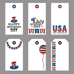 Wall Mural - Set of tags for USA Independence Day. Labels with hand-drawn elements by July 4th in the national colors of the United States of America. Vector illustration for posters, cards and banners.