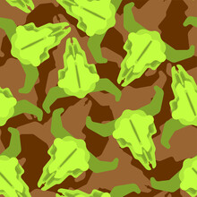 Skull Cow Army Pattern Seamless. Skeleton Head Of Bull Military Green Background. Soldiery Vector Texture