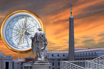 Saint Peter's Basilica in St. Peter's Square, Vatican City. Vatican Museum, Rome, Italy and round compass against the sky as symbol of tourism and travel