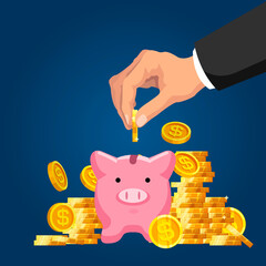 Piggy bank savings. Wealth and investment, retirement planning and insurance concept. Businessman hand putting golden coin into piggy bank. Saving dollar coins in moneybox cartoon vector illustration.