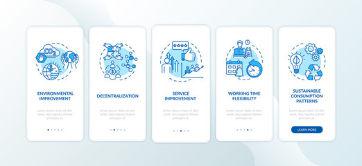 Peer economy benefits onboarding mobile app page screen with concepts. On demand business advantages walkthrough five steps graphic instructions. UI vector template with RGB color illustrations