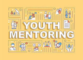 Sticker - Youth mentoring word concepts banner. Adult care for children. Teacher help student. Infographics with linear icons on orange background. Isolated typography. Vector outline RGB color illustration